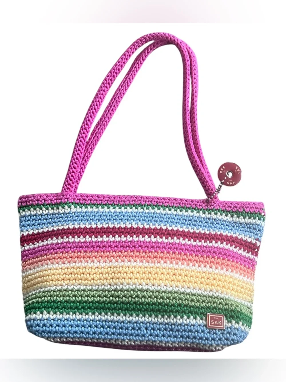 The Sak Crochet Stripe Hand Bag Pink Multicolor Knit Bag NWOT